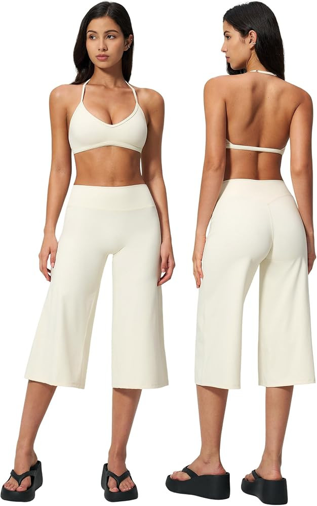 ABOCIW Workout Sets for Women Two Piece Halter Sports Bra Matching Wide Leg Capri Pants Gym Work ... | Amazon (US)