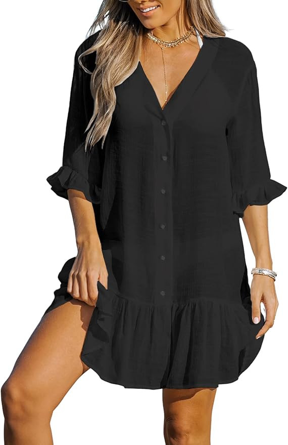 CUPSHE Women's V Neck Ruffled Cover Up Button Down Bathing Suit Beach Dress with Short Sleeves | Amazon (US)