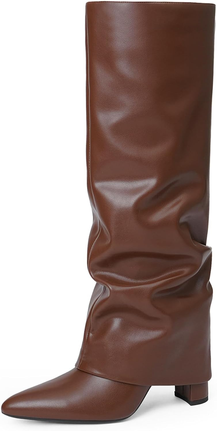 Knee High Boots Women Fold Over Boots Chunky Heel Pointed Toe Tall Boots | Amazon (US)