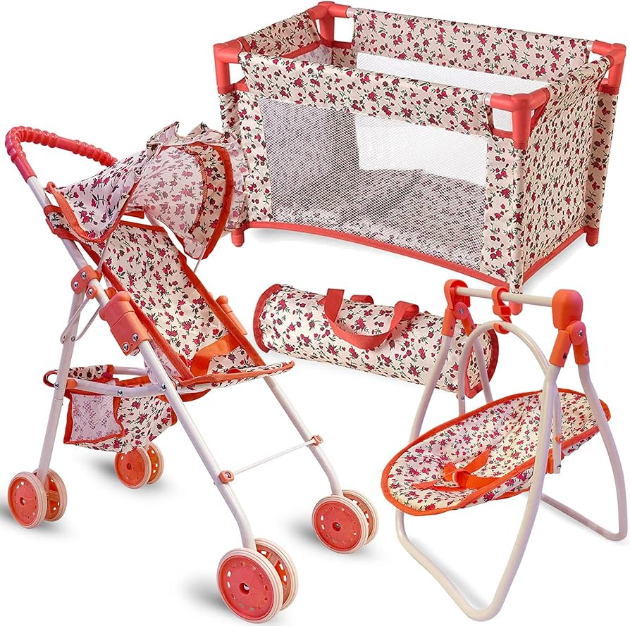 Baby Doll Accessories Set - 3-1 Baby Doll Furniture Set with Baby Doll Stroller, Baby Doll Crib, ... | Amazon (US)