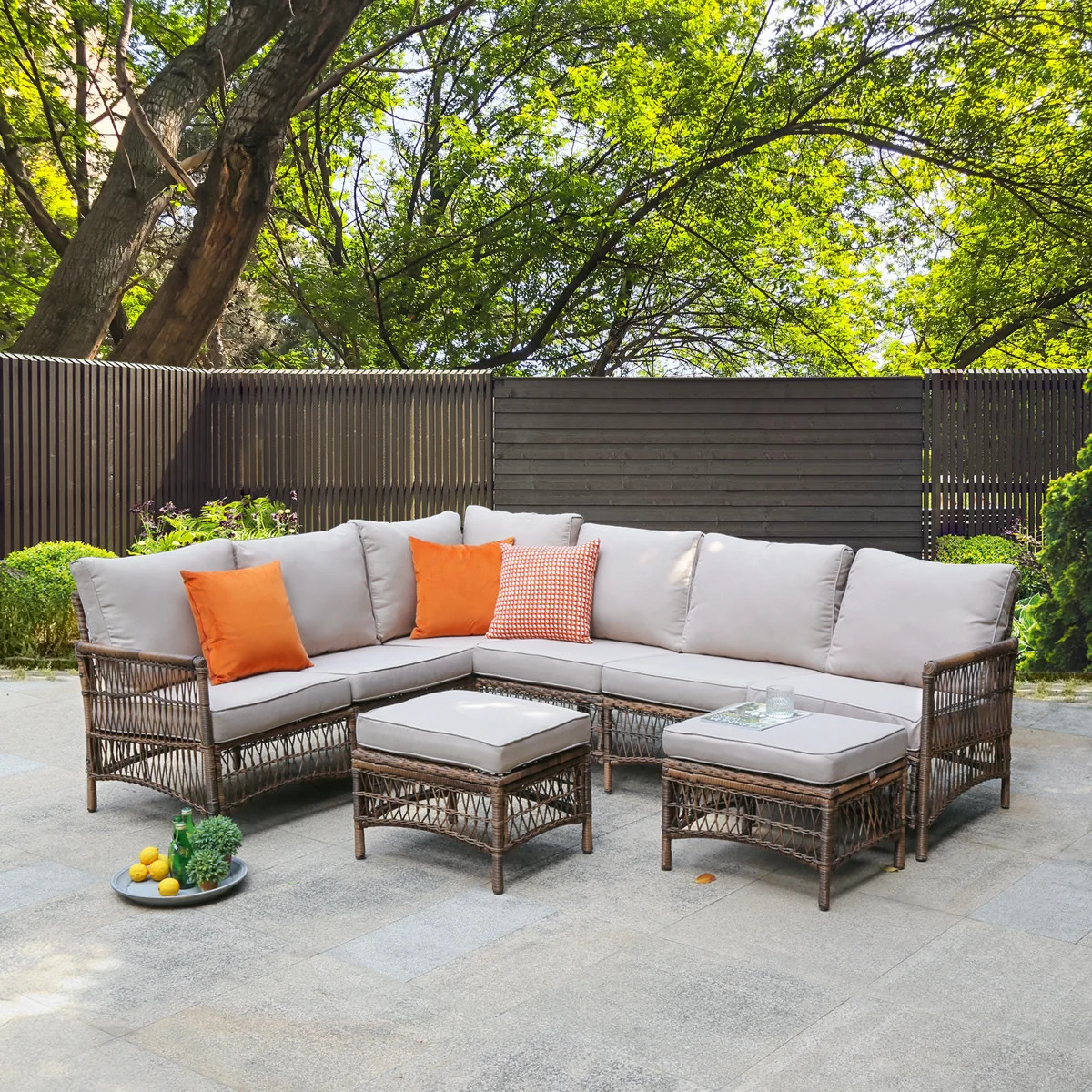 Direnzo 98'' W PVC Wicker L-Shaped Patio Sectional with Cushions | Wayfair North America