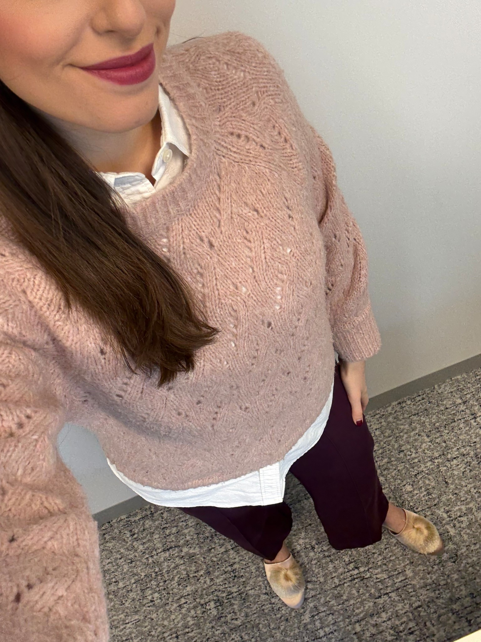 Office style, office outfit, business casual, workwear, winter workwear, winter work style, lawyer, attorney, law firm style, monochrome outfit, monochromatic outfit, burgundy pants, pink sweater, pointelle sweater, Pom Pom mules, satin shoes, satin mules, winter workwear, winter work style, work sweater, burgundy pants, oxford button down, white button down, oxford shirt 

#LTKTall #LTKWorkwear #LTKSeasonal