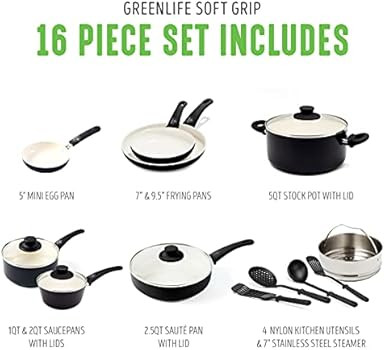 GreenLife Soft Grip Healthy Ceramic Nonstick, 16 Piece Cookware Pots and Pans Set, PFAS-Free, Dis... | Amazon (US)