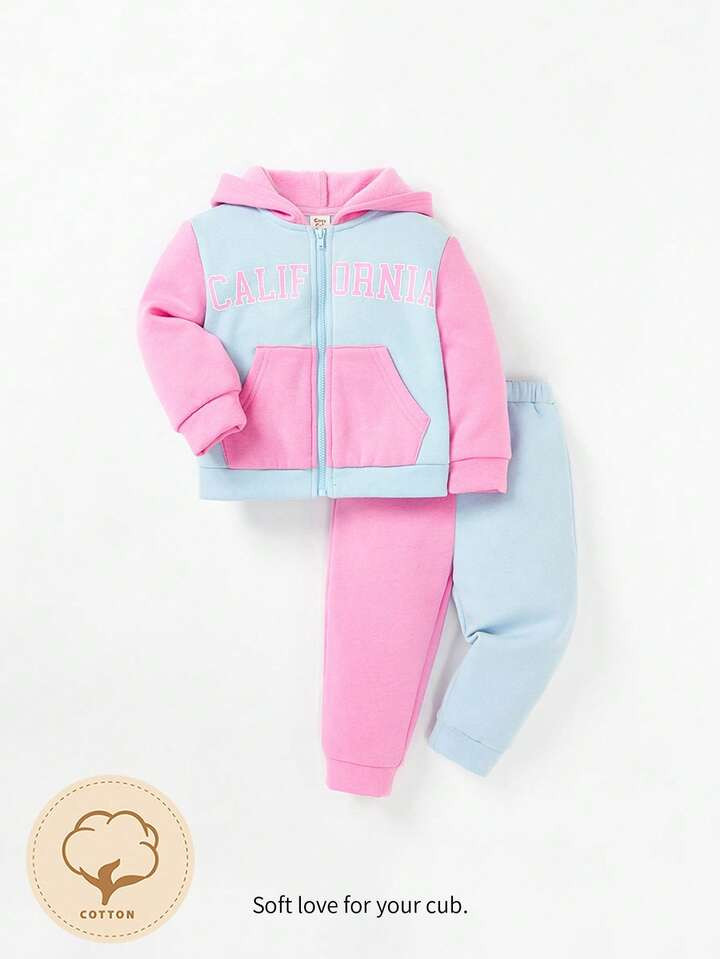 Cozy Cub Baby Girl Letter Graphic Two Tone Hoodie & Sweatpants | SHEIN