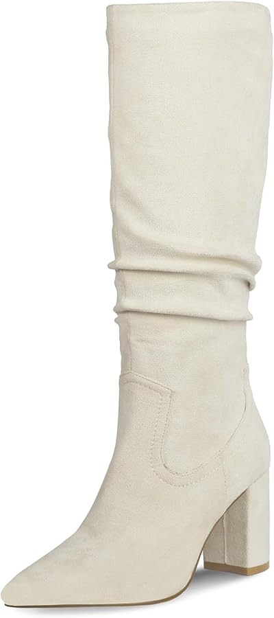 Ouepiano Womens Knee High Boots Chunky Heel Faux Suede Pointed Toe Side Zipper Fall Boots | Amazon (US)