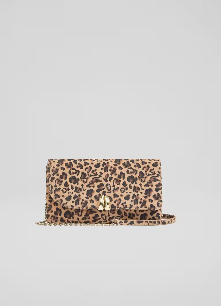 Aria Leopard Printed Suede Curve Flap Clutch Bag | L.K. Bennett (UK)