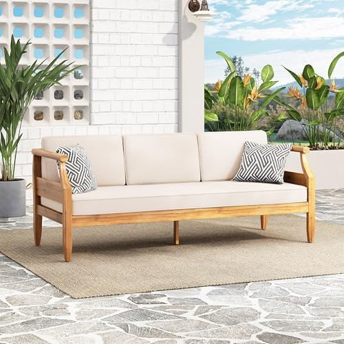 Christopher Knight Home Aston Outdoor 3 Seater Sofa, Upholstered Cushion Couch, Acacia Wood Bench... | Amazon (US)