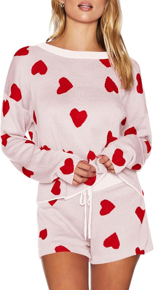Saodimallsu Womens Valentine's Day Pajama Sets Hearts Print Lounge Set Long Sleeve Sweater and Sh... | Amazon (US)