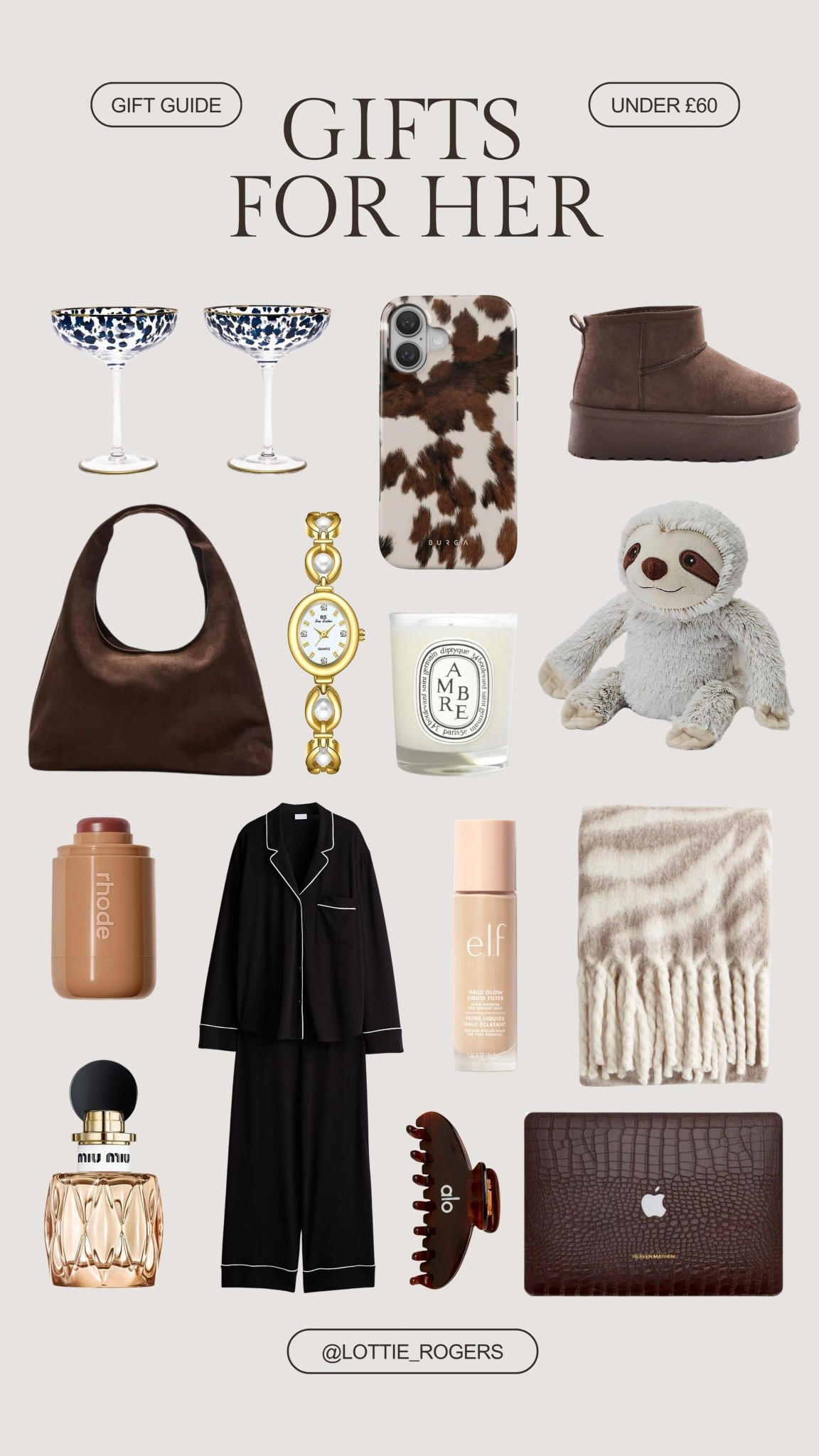 Gifts for her under £60 ✨

Gift guide, pyjamas, Rhode, warmies, Miu Miu, perfume, suede bag, home decor, phone case, home wear, blanket, Uggs 

#LTKwinter #LTKfestive #LTKgiftguide