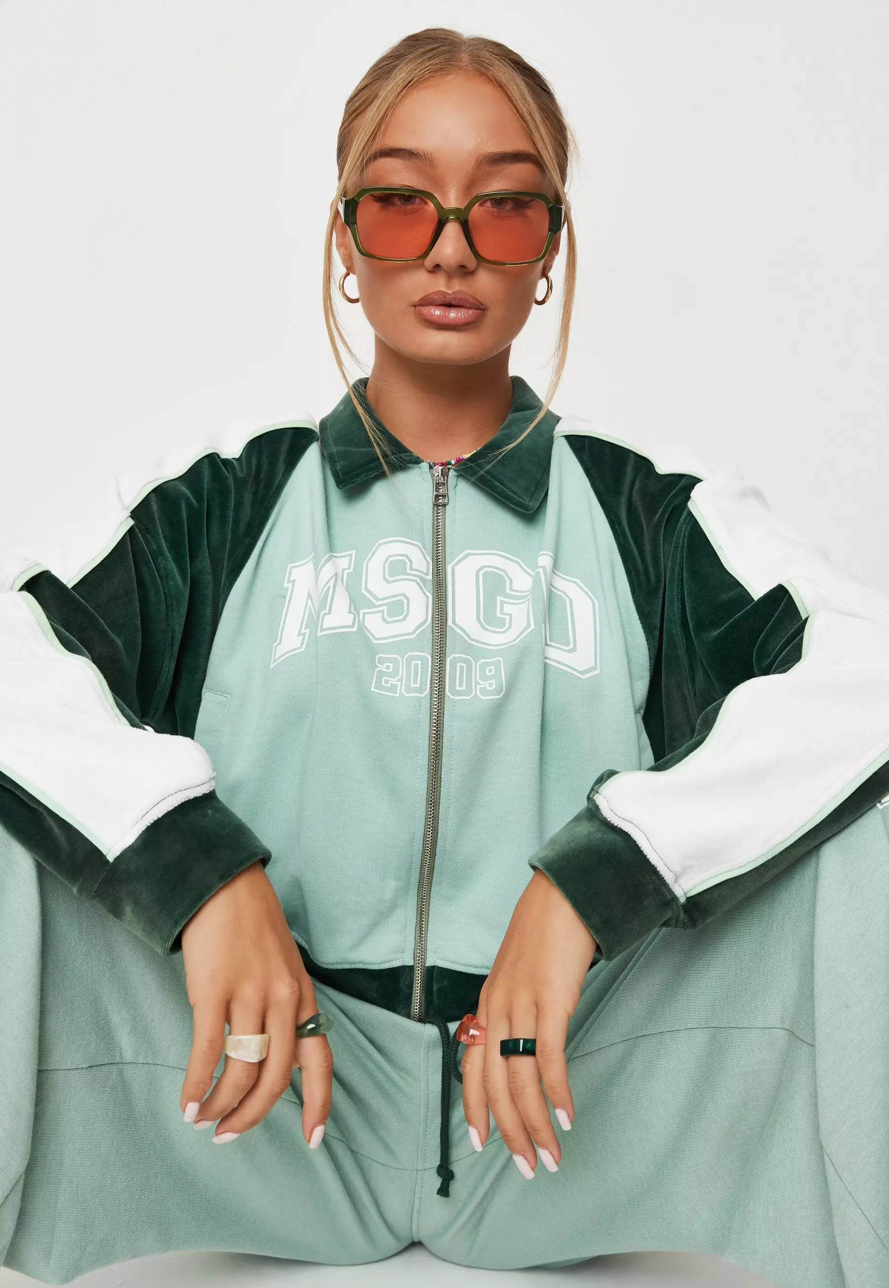 Green Missguided Colorblock Velour Zip Through Sweatshirt | Missguided (US & CA)