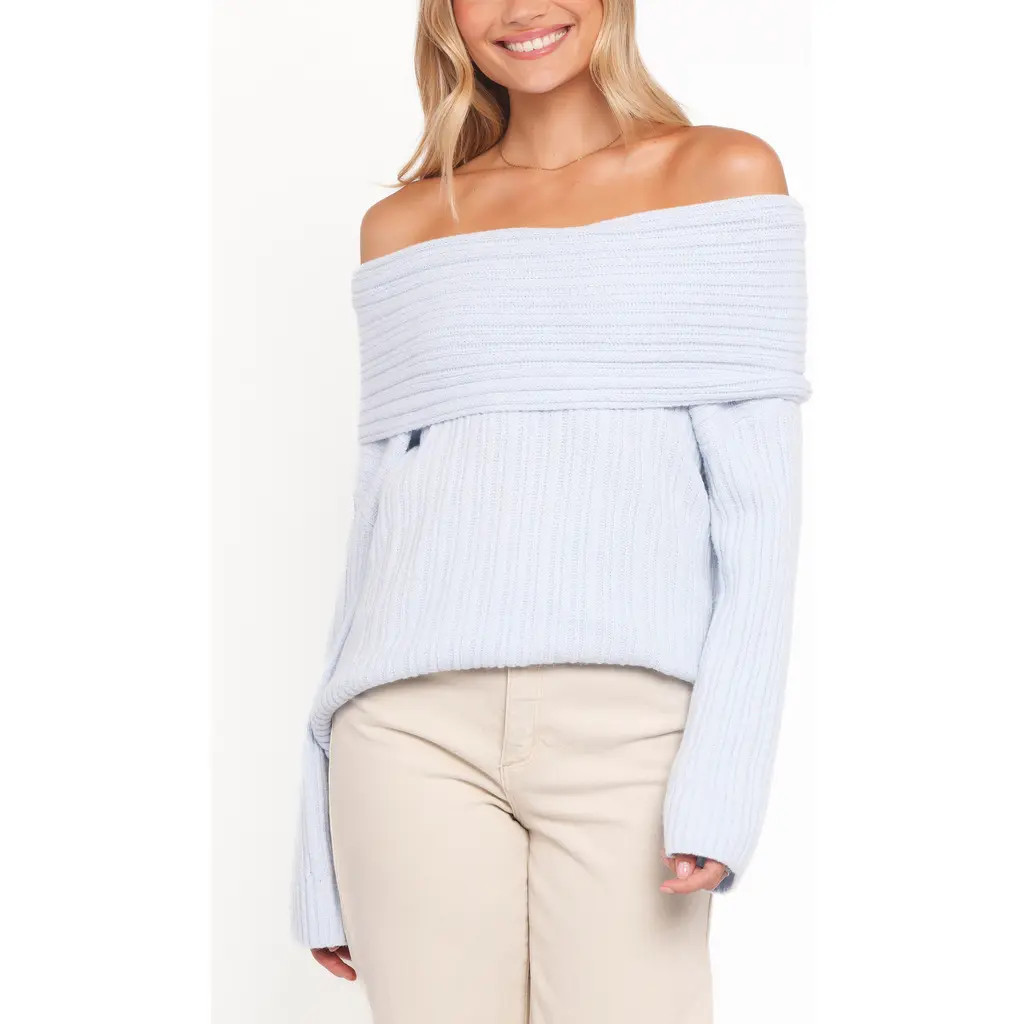 Petal & Pup Kenny Off the Shoulder Rib Sweater in Pale Blue at Nordstrom, Size Medium | Nordstrom