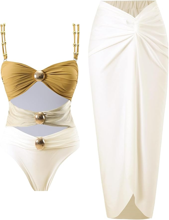 Women's One Piece Swimsuit with Cover up Set Beach Wrap Skirt Retro Bikini Set Two Piece Bathing ... | Amazon (US)