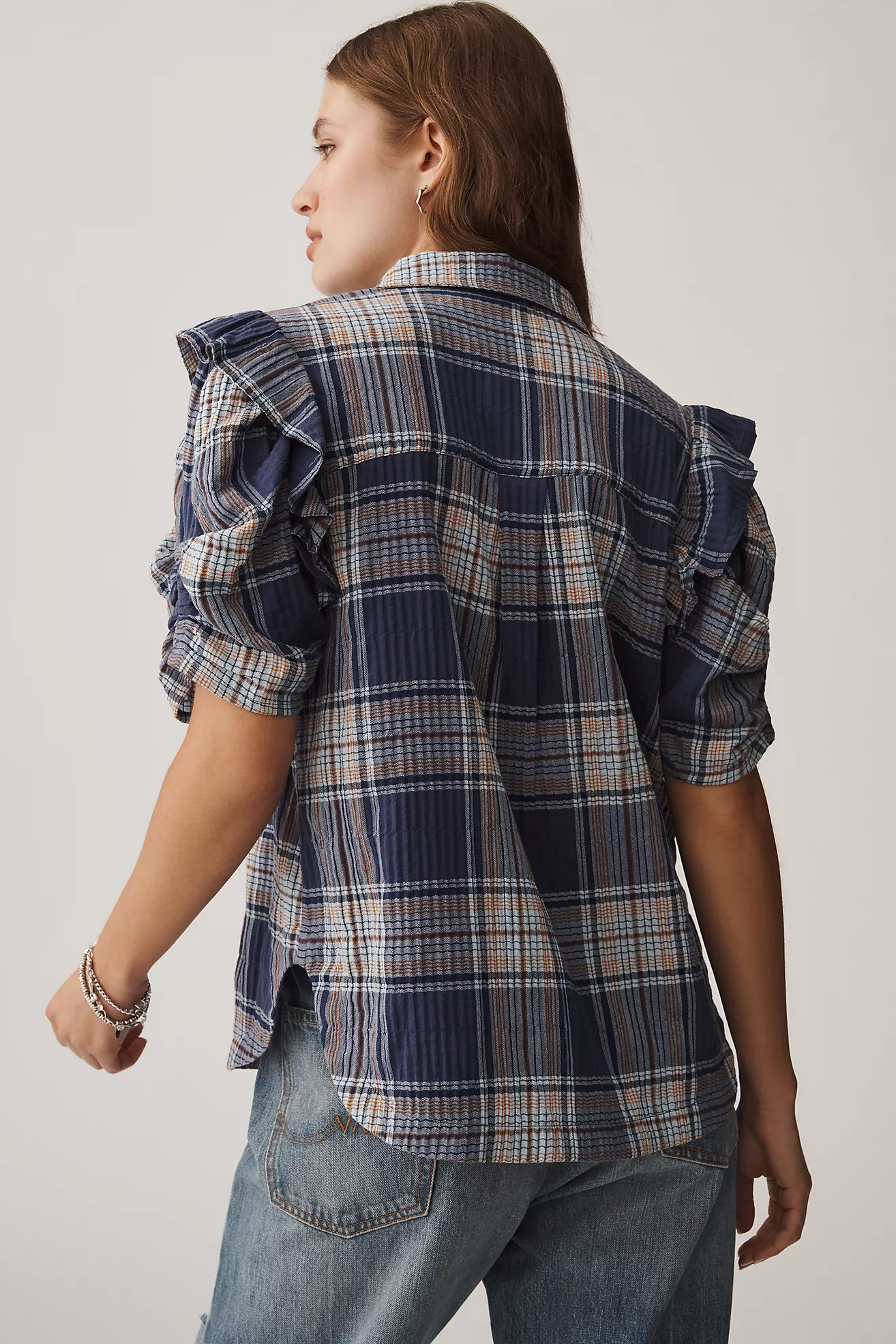 The Ozzi Plaid Ruffle-Sleeve Buttondown Shirt by Pilcro | Anthropologie (US)