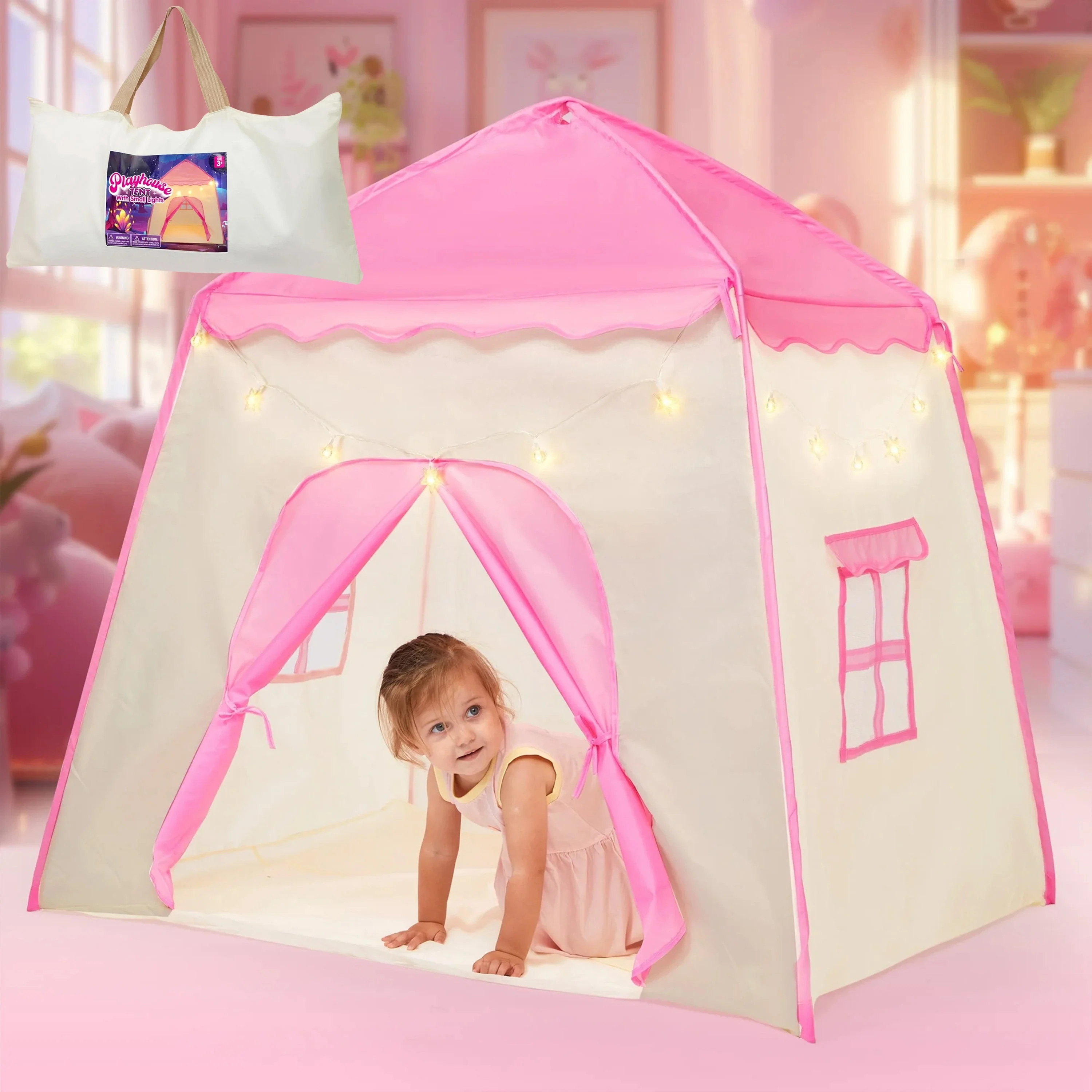 Joyfy Pink Play Tent for Girls Large Playhouse with Star Light Kids Castle Tent for Indoor and Outdoor Games | Walmart (US)