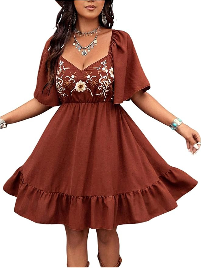 Floerns Women's Summer Short Dress Flounce Sleeve Embroidery Western Concert A Line Dresses | Amazon (US)