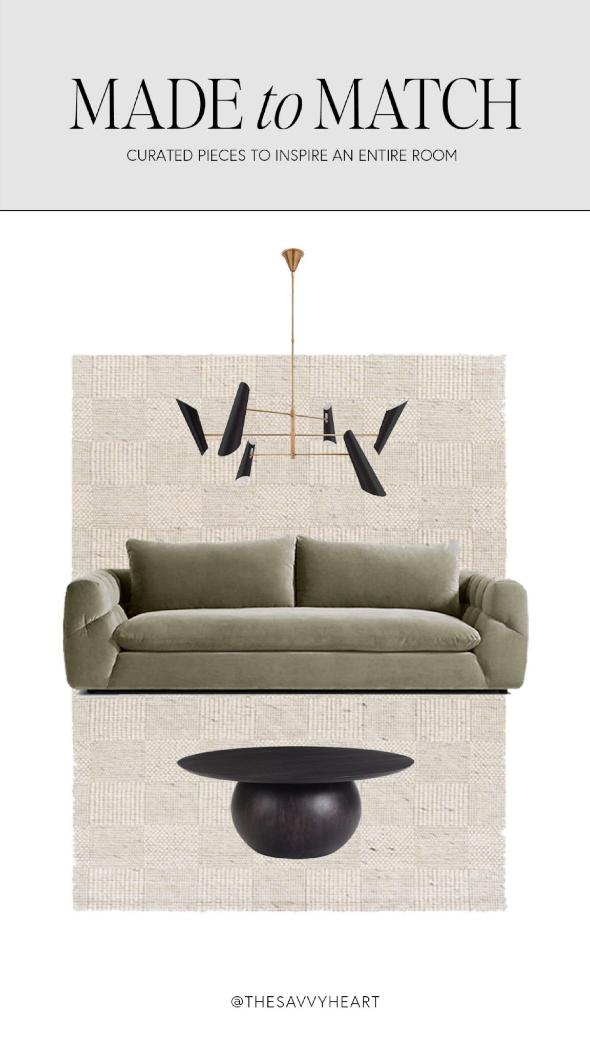 Living room combination- green, contemporary and modern sofa, black round coffee table, beige checkerboard rug, black and gold chandelier