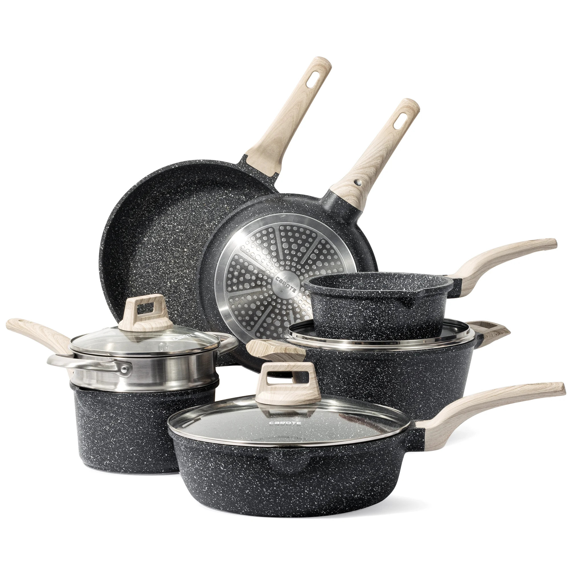 Carote Nonstick Pots and Pans Set, 10 Pcs Granite Stone Kitchen Cookware Sets (Black) | Walmart (US)
