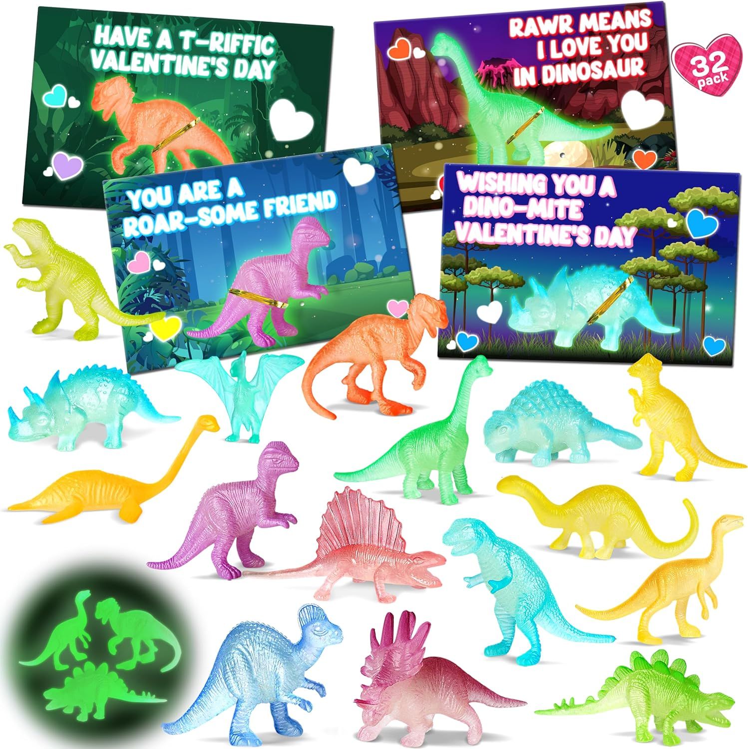 Valentines Day Cards for Kids School - 32 Pack Glow in Dark Dinosaur Toys with Dino Cards, Valent... | Amazon (US)
