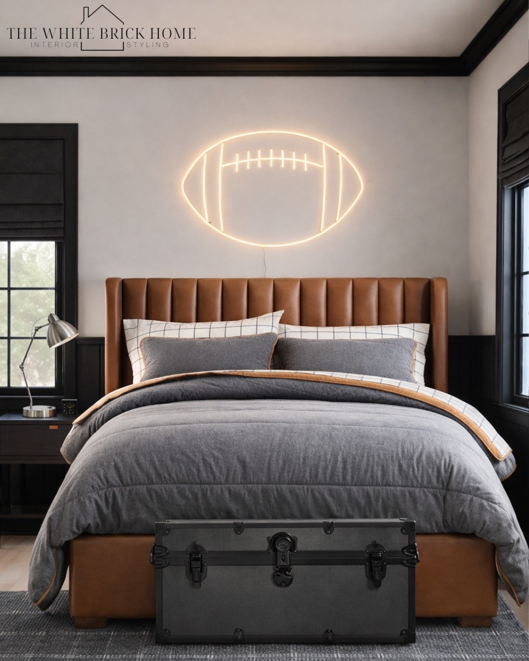 Where sporty edge meets elevated comfort - this room scores on style and function. 
🖤🖤
Boys room, boys bedroom, bedroom design, kids room, boys room bed, boys room decor, boys room wall light, boys room finds, home decor, boys room rug, boys room nightstand, football bedroom, football room, football decor, football room ideas, sports themed bedroom, teen boy, teen bedroom, teen room ideas, teen room decor, boys bedroom teen, football teen bedroom, leather bed, boys room bedding, pottery barn teen, wayfair 


#LTKHome #LTKSeasonal #LTKKids