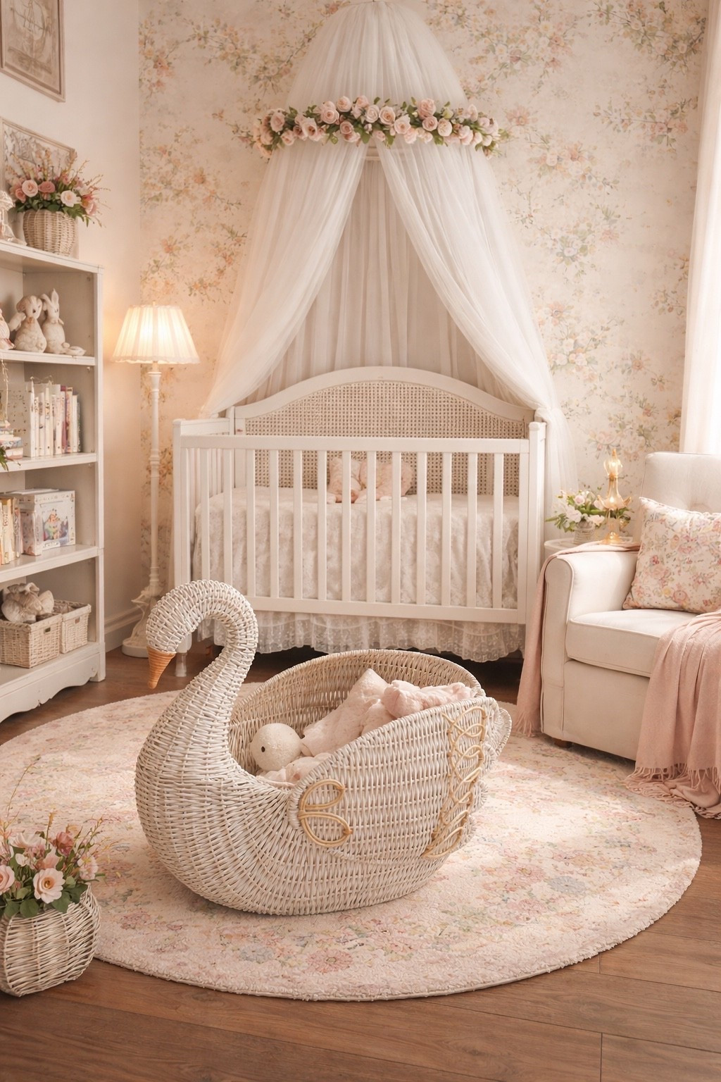 Girls nursery design 

Home decor, baby nursery, girls room, swan basket, crib, accent chair, round rug 

#LTKHome
