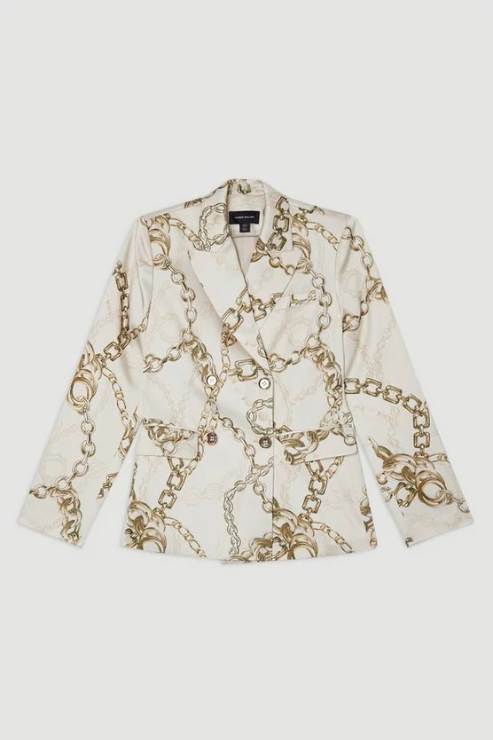 Structured Viscose Satin Chain Print Tailored Double Breasted Blazer | Karen Millen | Karen Millen UK + IE + DE + NL
