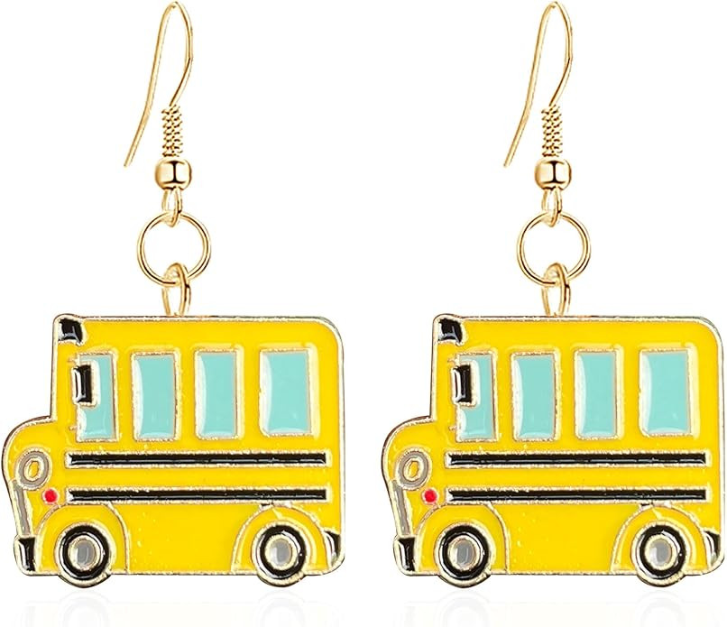 School Bus Dangle Earrings Cute Alloy Yellow School Bus Drop Funny Cartoon Car Bus Statement Earr... | Amazon (US)