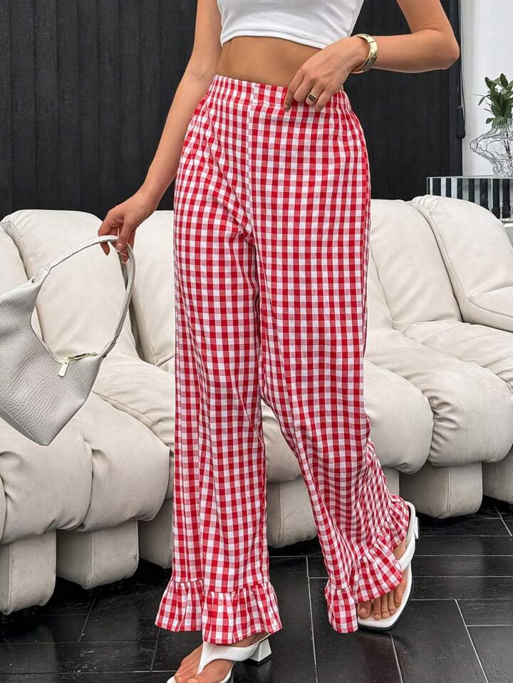 SHEIN Essnce Women's Summer Fresh Plaid Small Ruffle Hem Pants With Red And White Textured Plaid ... | SHEIN