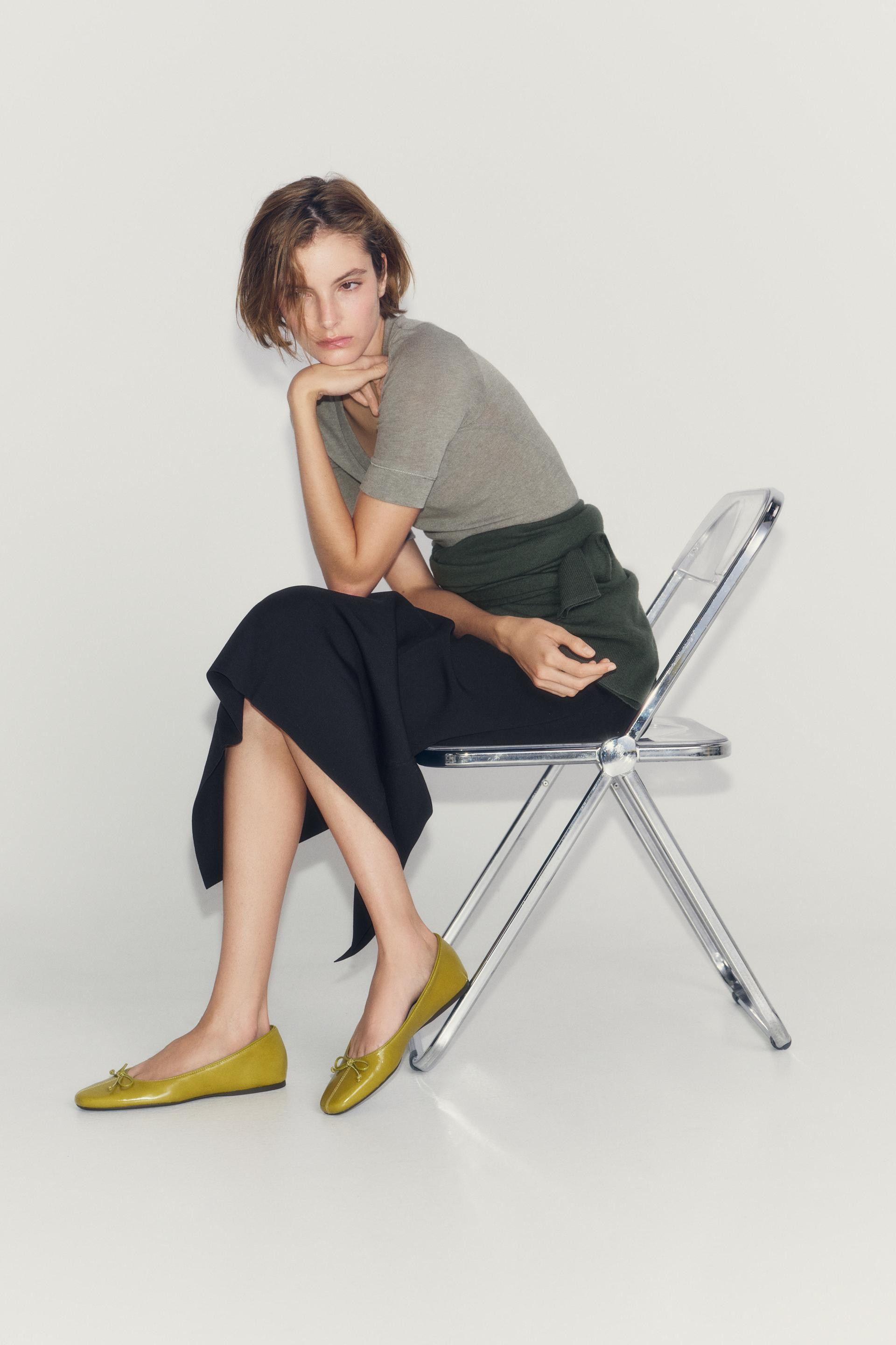 Zara - Leather Bow Ballet Flats - Pistachio Green - 8 - Woman | Zara US