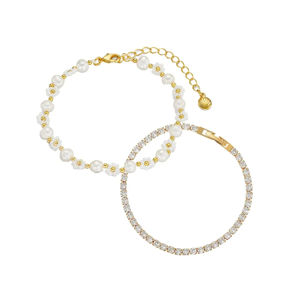 Crystal Tennis & Floral Pearl Beaded Wrist Stacking Set | Orelia