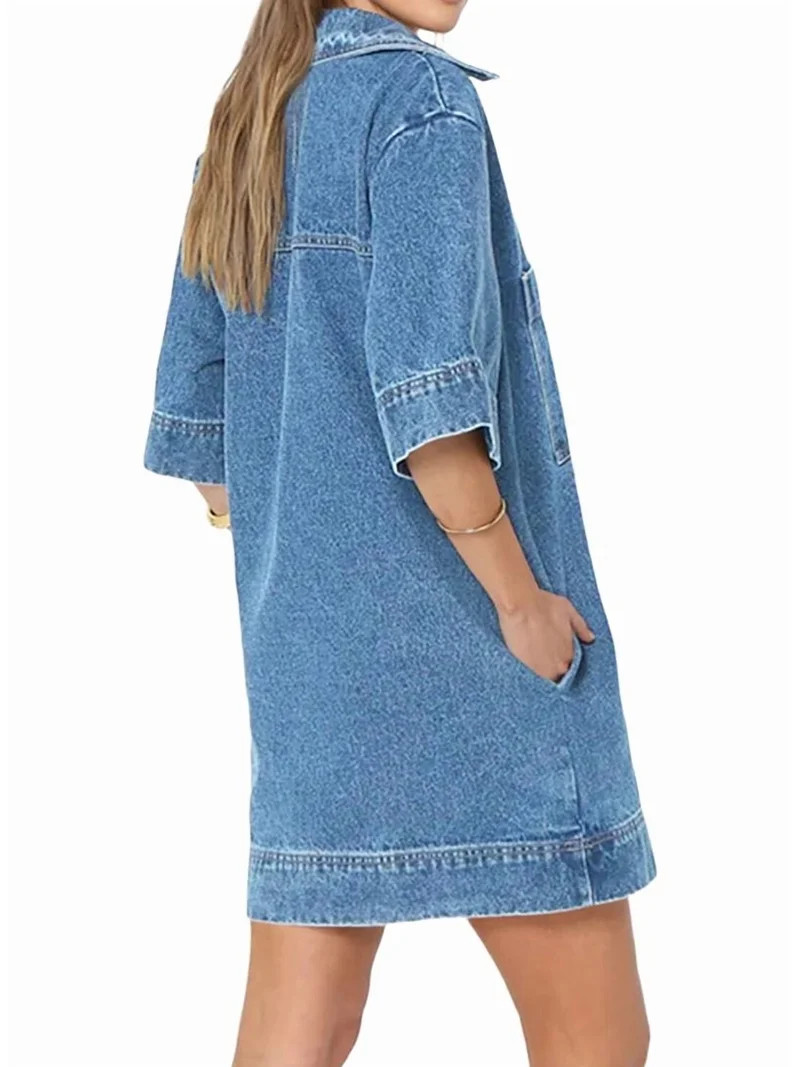 Womens Summer Collared V Neck Mini Casual Jean Dresses with Pockets Sky Blue XL | Walmart (US)