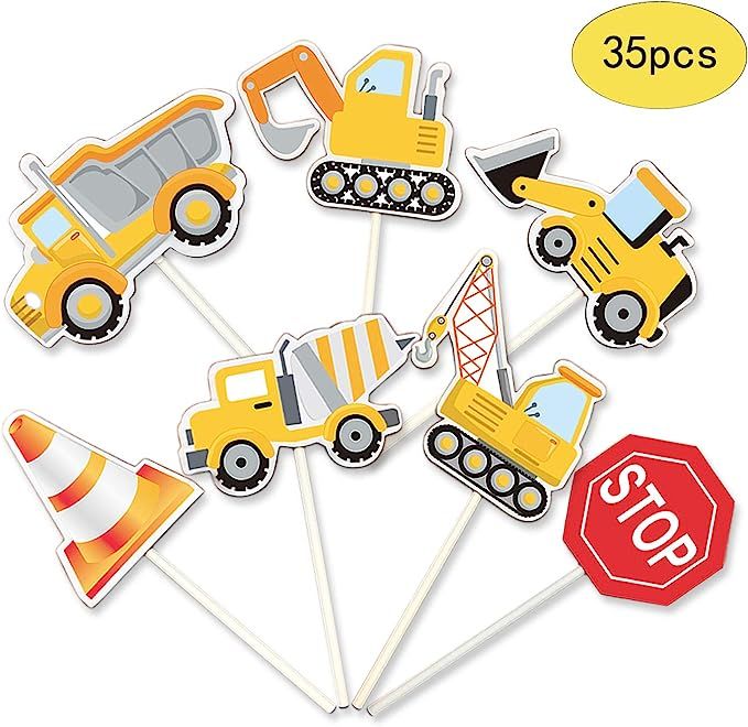 35-Pack Construction Cupcake Toppers Picks, Dump Truck Excavator Tractor Party Cake Toppers for K... | Amazon (US)