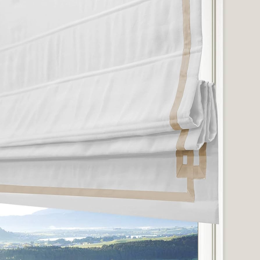 Roman Shades Window Shades, Blackout Light Filtering White with Coffee Greek Key Ribbon Custom Wi... | Amazon (US)