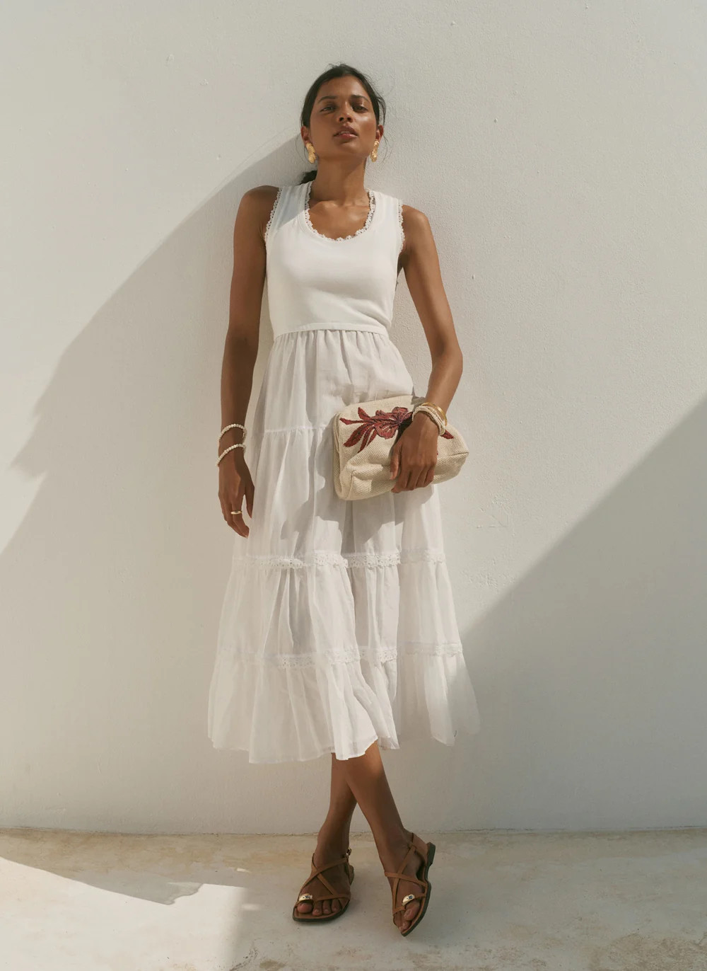 White Crochet Trim Tiered Midi Dress | Mint Velvet