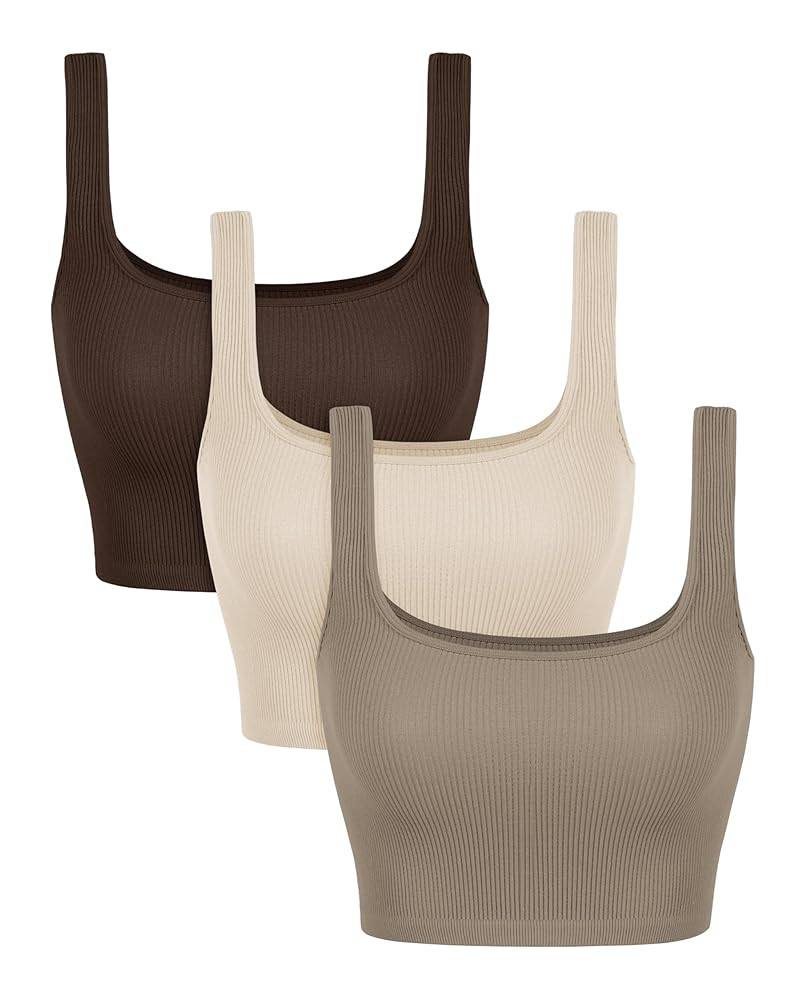 ODODOS 3-Pack Seamless Square Neck Crop Tank for Women Ribbed Knit Soft Low Back Cropped Tops | Amazon (US)
