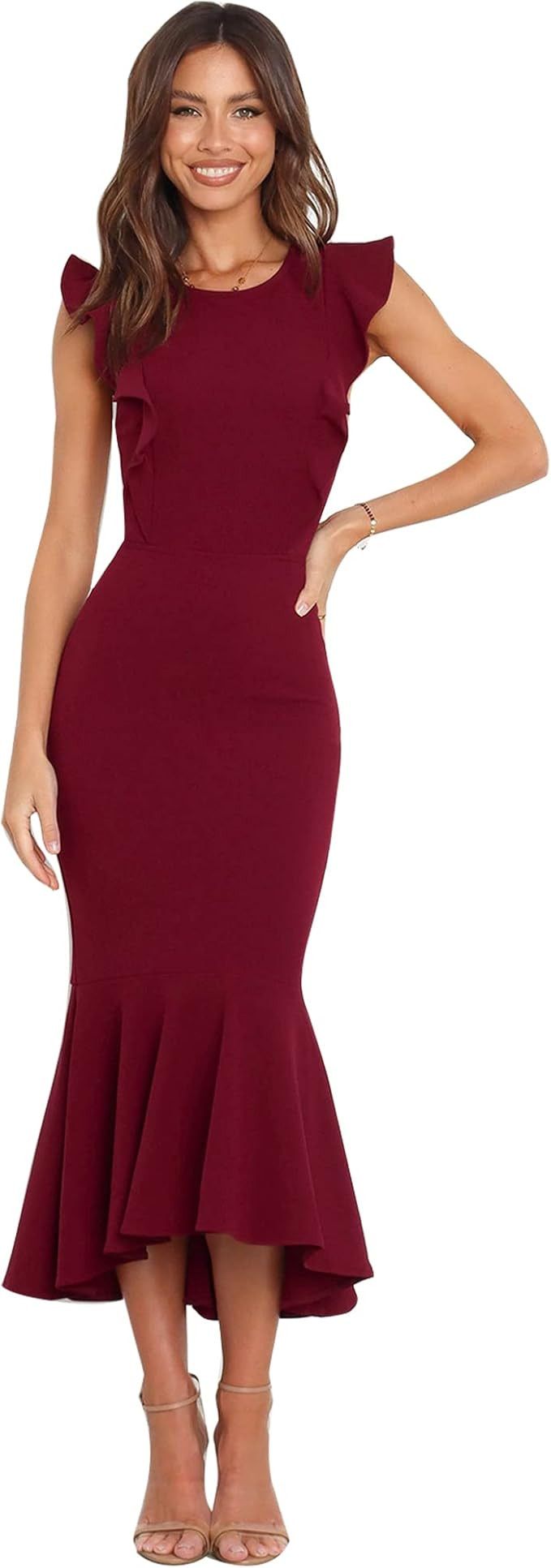 ABYOXI Women Ruffle Sleeve Formal Dresses Evening Party Cocktail Midi Dress Wedding Guest Midi Bo... | Amazon (US)