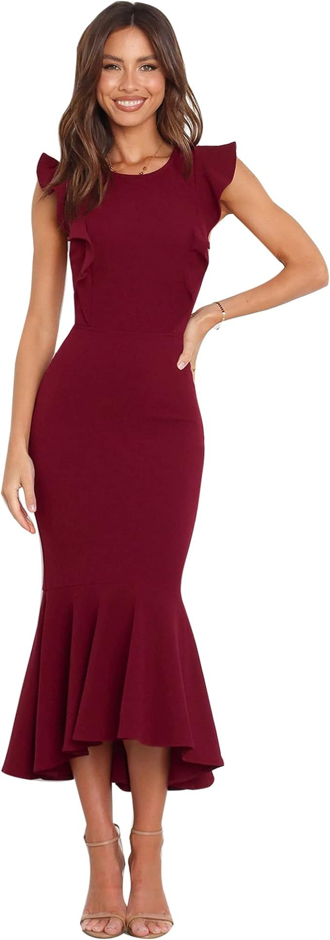 ABYOXI Women Ruffle Sleeve Formal Dresses Evening Party Cocktail Midi Dress Wedding Guest Midi Bo... | Amazon (US)