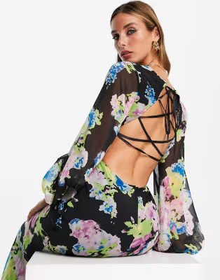 ASOS DESIGN bias cut maxi dress with blouson sleeve in bold blurred floral | ASOS (Global)