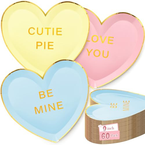 Suclain 60 Pcs Valentine's Day Heart Paper Plates 9 Inch Valentines Conversation Heart Shaped Paper Plates Disposable Candy Tableware Dinnerware for Galentine Party Favors Gifts (Pink,Blue,Yellow) | Amazon (US)