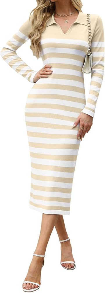 Tanou Women Striped Sweater Dress Fall V Neck Lapel Collar Long Sleeve Loose Fit Ribbed Knit Midi... | Amazon (US)