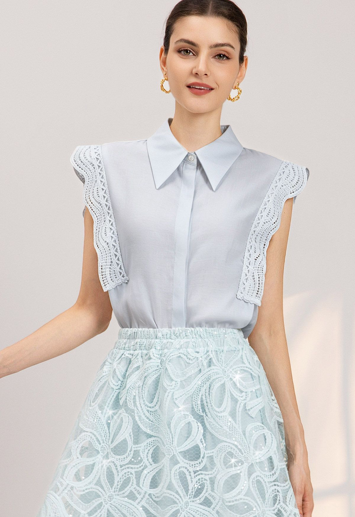Effortless Crochet Lace Trim Sleeveless Top in Blue for Office Look & Casual Occasions | Chicwish