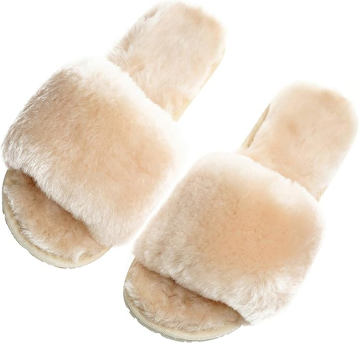 Millffy Women's Wool Fur Slippers Sheepskin Leather Slippers Shearling Fur Fluffy Fuzzy House Bed... | Amazon (US)