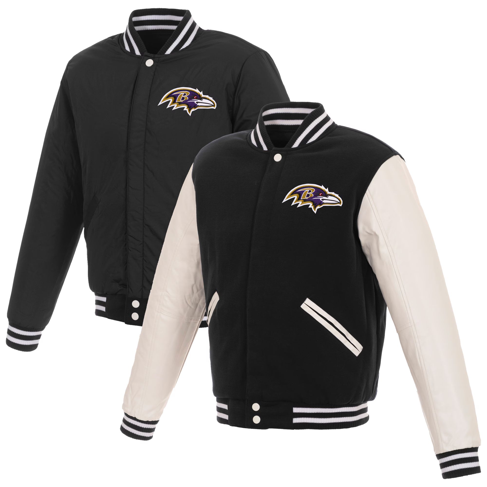 Baltimore Ravens JH Design Reversible Fleece Full-Snap Jacket with Faux Leather Sleeves - Black/W... | Fanatics