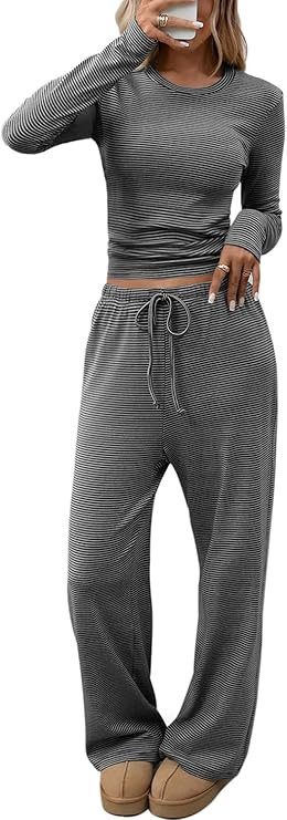 CHYRII Womens Two Piece Sets Fall Fashion Striped Long Sleeve Tops Wide Leg Palazzo Pants Outfits... | Amazon (US)