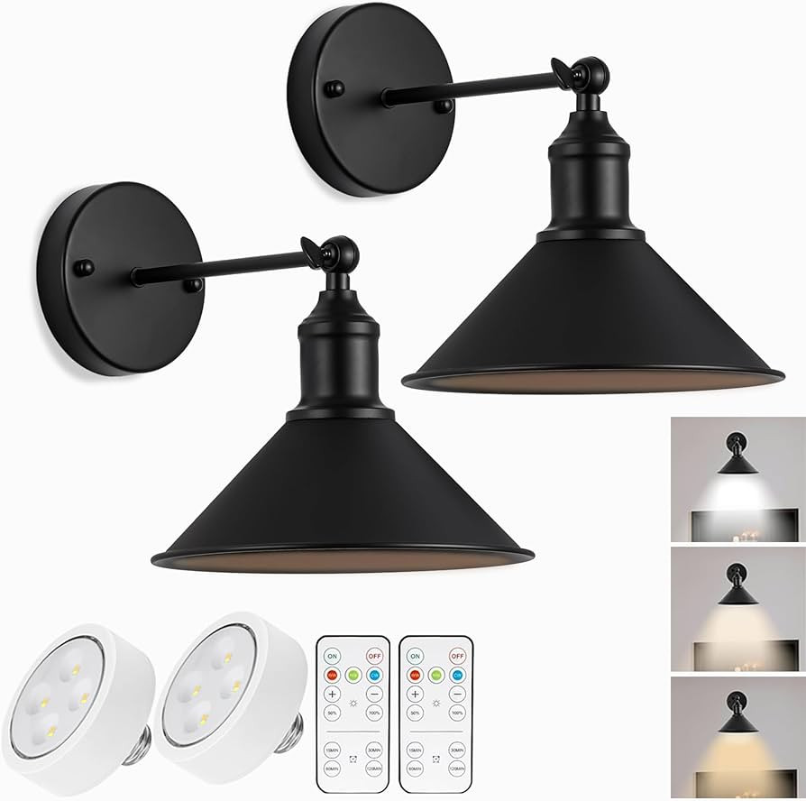 Vintage Black Wireless Battery Operated Wall Sconces, Cordless LED Wall Lights Set of 2 with Remo... | Amazon (US)