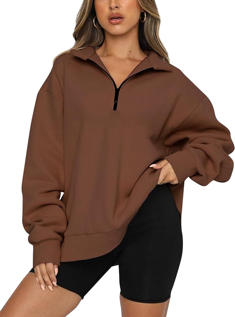 Meladyan Womens Half Zip Sweatshirt Oversized Long Sleeve Collar Drop Shoulder Solid 1/4 Zipper P... | Amazon (US)