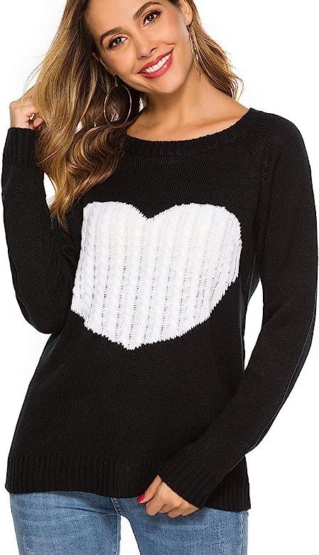 Women's Long Sleeve Crewneck Knitted Patchwork Cute Heart Sweaters | Amazon (US)