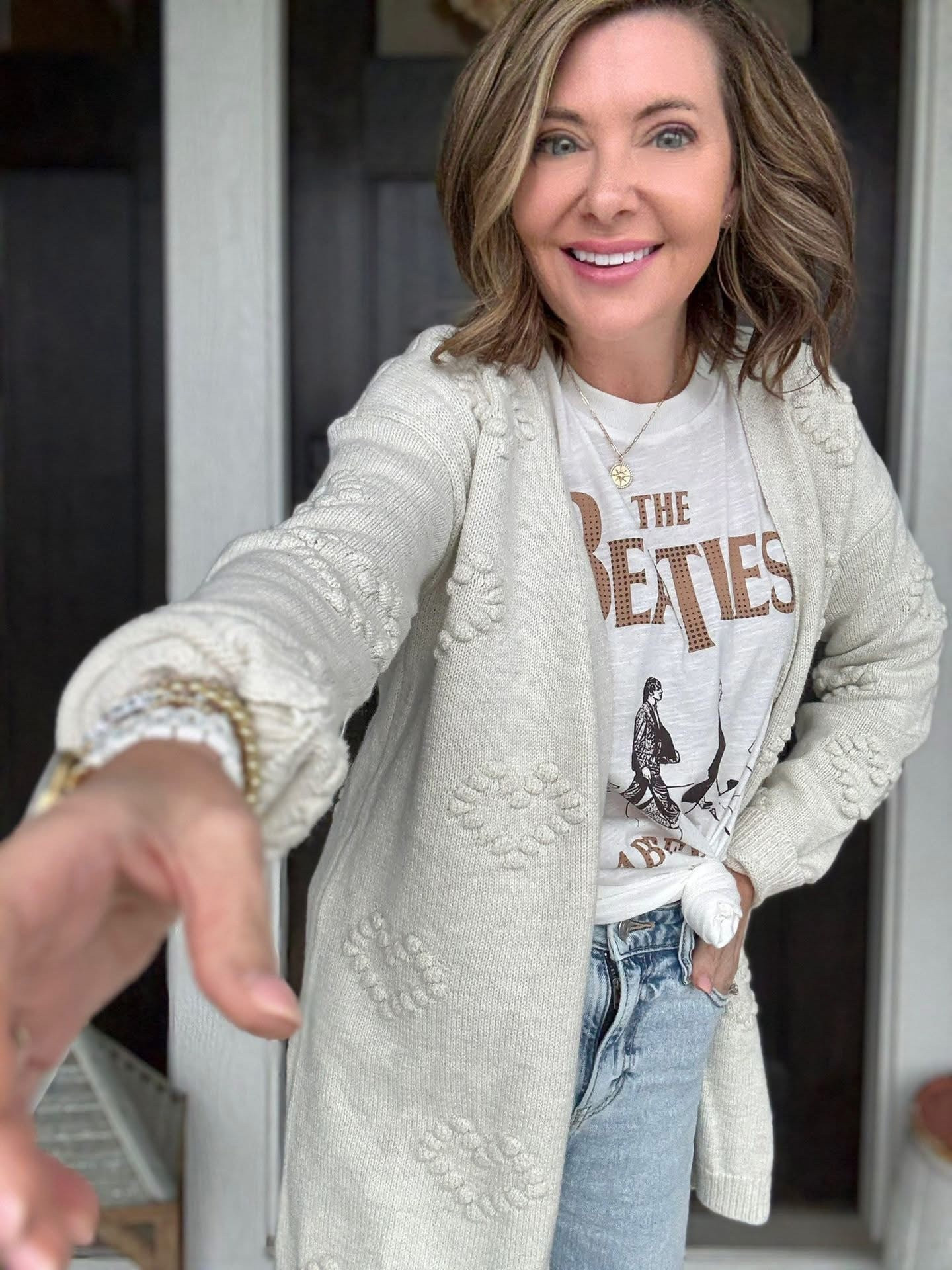 Good morning! Loving this new heart cardigan! 💗AND both are 30% OFF! 

If you are a Beatles fan this tee is perfect too! 

Dropping 🔗👇 

#LTKgrwm #LTKdayinmylife