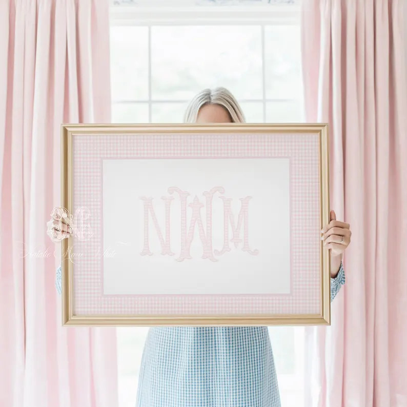 Soft Pink Gingham Monogram Nursery Art Classic Pink Nursery Wall Art Gingham Nursery Decor Girl W... | Etsy (US)