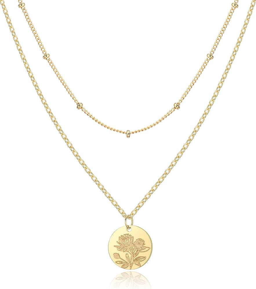 Birth Flower Necklace,14K Gold Plated Layered Necklaces for Women, Birth Month Flower Coin Pendan... | Amazon (US)