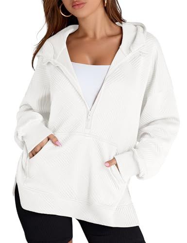LOMON Women's Hoodies Long Sleeve Quarter Zip Oversized Sweatshirts Textured Loose Pullovers with Pockets White Large | Amazon (US)